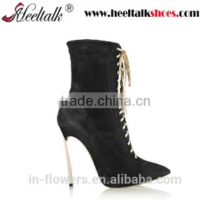 OEM ODM Quality High Heel Pointed Toe Lace up Winter Suede Ankle Boots thumbnail-2