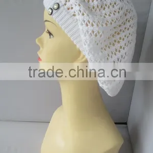 New Arrive Button Decoration Elegant White Crochet Knit Winter Hat thumbnail-2