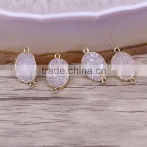 Gold Plated Oval Natural Agate Titanium Druzy Connectors Beads Jewelry Craft thumbnail-6