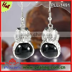 Charm Silver Plated Black Onyx Stone Crystal Round Beads Owl Shape Dangle Black Earrings For Women thumbnail-1