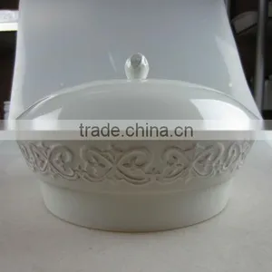 White Ceramic Round Tureen With Embossed Design thumbnail-1
