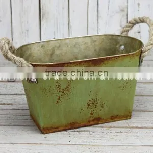 Antique/rustic/ Shabby Chic Oval Shape Iron Planter With Linen Handle thumbnail-1