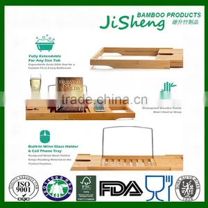 100% Bamboo Bathtub Caddy With Extendable Sides, Cellphone Tray & Integrated Wine Glass Holder thumbnail-3