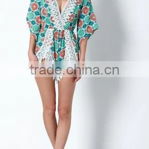 Summer Deep V-neck Back With One Button Fruity Green Crochet Plunge Crepe Romper Short Print Sexy Jumpsuit thumbnail-6