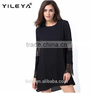 Latest Black Lace Decor Flare Sleeve Dress Ladies Chiffon A Line Dress thumbnail-1