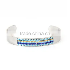 Titanium Steel Seed Beads Open Cuff Bangles Bracelets Silver Tone Blue thumbnail-1