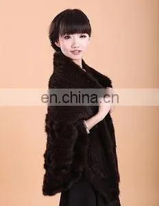 Fashion Knit Shawl Real Mink Fur Knitted Phocho Fur Shawl Women Winter thumbnail-4