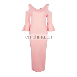 New Fashion Custom Plain Pink Bell Sleeve Cold Shoulder Sexy Women Dress thumbnail-4