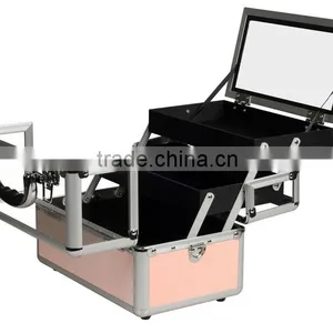 Aluminum Makeup Train Case Clear Acrylic Top, Travel Cosmetic Box W/2 Trays, Mirror and Shoulder Strap,Pink Beauty Cosmetic Case thumbnail-3