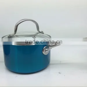 Blue Aluminum Non-stick Press Sauce Pan Milk Cooking Pot Pasta Pot With Glass Lid S/S Handle thumbnail-1