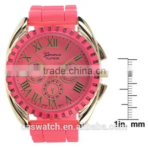 Vogue Fashion Red Geneva Watch, Rose Gold Plated Three Eyes Silicone Watch, Charming Vogue Quartz Lady Watch thumbnail-1