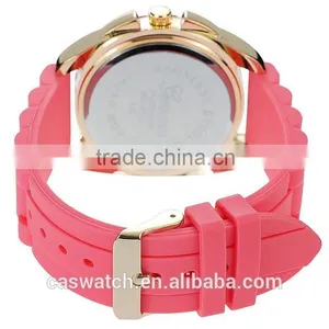 Vogue Fashion Red Geneva Watch, Rose Gold Plated Three Eyes Silicone Watch, Charming Vogue Quartz Lady Watch thumbnail-2
