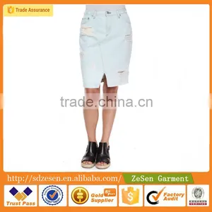 100% Cotton Wholesale Destroyed Zip Fly Straight Hem Summer Maxi Jeans Skirt For Lady thumbnail-3