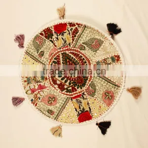 White Round Yoga Cushions Indian Handmade Embroidered Round Decorative Pillows thumbnail-1