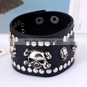 Fashion Wide Cool Rock Men Woman Soft Wrap Genuine Leather Skull Bracelet thumbnail-6