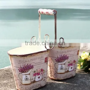 2 Set Metal Flower Garden Plant Pots Set With a Wooden Handle thumbnail-2