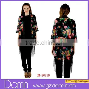 Dark Base Printed Fringed Floral Kimono thumbnail-1