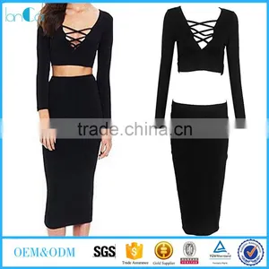Pictures of Long Skirts and Tops for Sexy Womens 2Pcs Crop Top Midi Skirt Stretch Party Bandage Dresses thumbnail-1