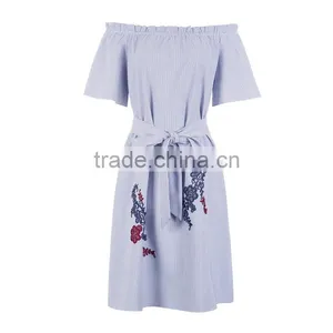 Maxnegio off Shoulder Striped Dress With Embroidery for Girls thumbnail-5