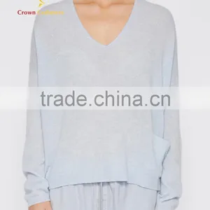 Ladies Deep V Neck Light Blue Cashmere Pullover Sweater thumbnail-1