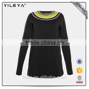 Women Fashion Black Casual T-shirts With Colorful Neckline Design thumbnail-1