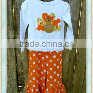 Wholesale Children's Fall Outfits Kids Thanksgiving Day Clothing Set Lovely Baby Turkey Applique Shirt and Ruffle Pant Set thumbnail-1