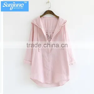 Wholesale Womens 100% Cotton Soild Oxford Print Blouse With Hood thumbnail-3