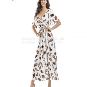 Half Sleeve Leaf Printed Front Open Waist Tied Women Dress thumbnail-2