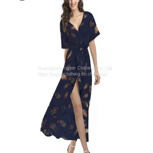 Half Sleeve Leaf Printed Front Open Waist Tied Women Dress thumbnail-3