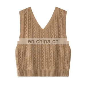 Wholesale 100% Cashmere Knit Women's Tank Top Sexy V-Neck Casual Short Woolen Clothing With Embroidered Logo on Back for Suits thumbnail-2