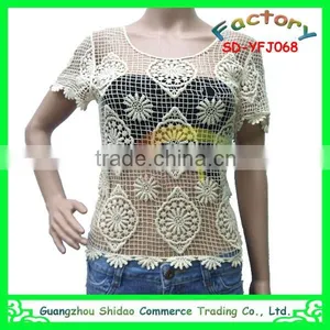 Fashional Lady Machine Made Short Sleeves Embroidery Cotton Water Soluble Lace Blouse thumbnail-4