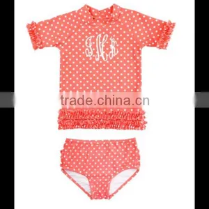 (SM112#coral )2-6T Deep Coral Polka Dot Ruffled Rash Guard Bikini for Children Clothing thumbnail-1