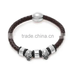 High Quality Brown Braided Leather Bracelace for Men Magnetic Clasp Leather Bangle Rope With Skull thumbnail-1