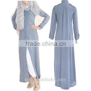 Fashion Vintage Plain Fabric Long Sleeve Bias Trim Muslim Women Long Dress thumbnail-5