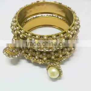 Antique Finish Kada Bangle Sets With Hangings, Bridal Indian Churi Bracelet, Gold Finish Bangle Sets thumbnail-1