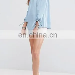 Sexy Off-Shoulder Light Blue Denim Tops With 3/4 Knot Tie Sleeves thumbnail-3