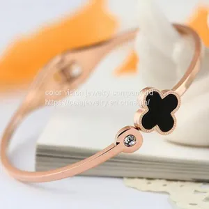 Clover Open Customized Engraved Cuff Bracelet Stainless Steel Bangle thumbnail-3