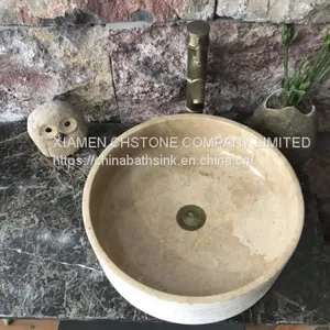 Classic Cream Marble Bathroom Wash Special Round Sink With Chissled Finished thumbnail-2