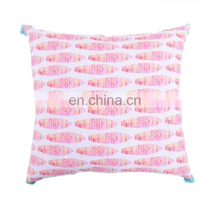 Colourful Lively Spun Polyester Green Plants Pattern Printed Sofa Cushion Covers With Tassels thumbnail-7