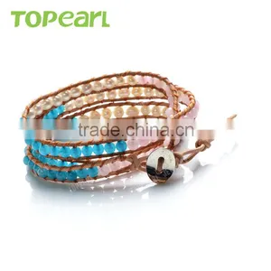 Topearl Jewelry Fashion Potato White Freshwater Pearl and Malaysian Jade Bracelet Woven Leather Wrap Bracelet Jewelry CLL168 thumbnail-2