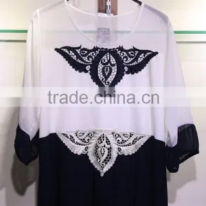 White and Black 3/4 Sleeve Chiffon Blouse Pull Over Round Neckline for Fat Women thumbnail-1