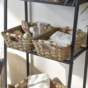Natural Seagrass Basket With Wooden Handle Handmade Rattan Storage Basket thumbnail-1