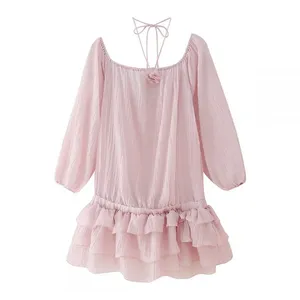 New Spring 2025 Women's Cross Border 3D Flower Folded Texture Ruffle Edge Dress From Europe and America thumbnail-4