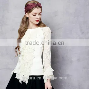 Teen Girls Lace Splicing Elastic Slim Tops Ladies Ruffles Round Neck Shirt for Women Soft Basic Shirt Tops in Autumn Spring thumbnail-1
