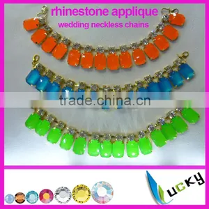 2014 New Design Rhinestone Applique Handmade Neon Color Strass Crystal Necklace Chain for Wedding Dress thumbnail-1