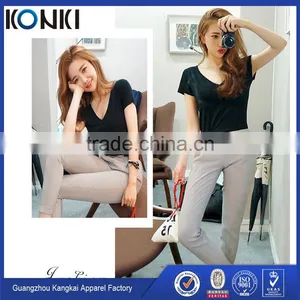 Lady's v Neck Curved Hem Cotton Tee Shirt Blue Color Customized Bulk Wholesale Printing Tee Shirt thumbnail-4