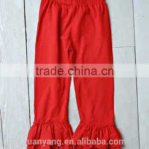 Plain Red Color Boutique Kids Fashion Pants Solid Christmas Two Ruffles Pants Girls Tight Icing Leggings thumbnail-2