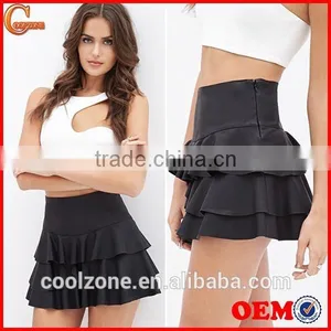 2015 High Quality Ladies Short Skirt Ruffled Faux Leather Skirt thumbnail-1