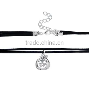 Velvet Suede Double Layer Halloween Choker Necklace Antique Silver Black Pumpkin 33.5cm Long thumbnail-2