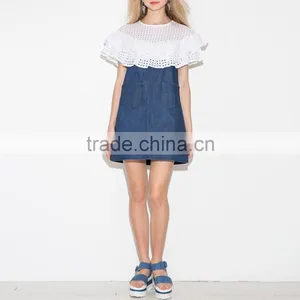 New Latest Girls Sweet Ruffle Mesh Casual Denim Mini Dress Women Patchwork Designs For Dresses thumbnail-5